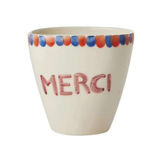 Ceramic Oval Cup with Hand Painted Merci - 10.1 oz