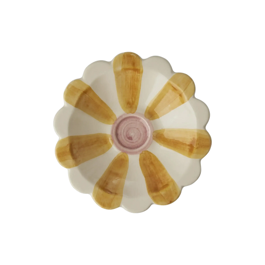 Ceramic Flower Dipping Bowl with Yellow Hand Painted Stripes