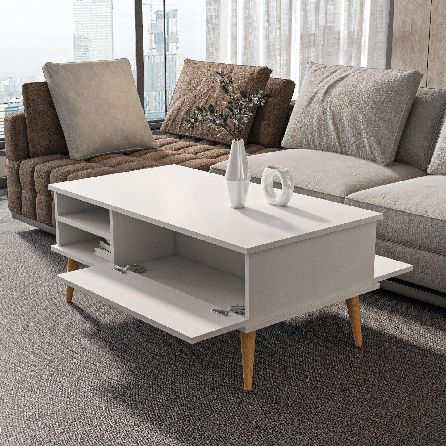 Como 47" Modern Coffee Table with Hidden Compartment and Open Shelves