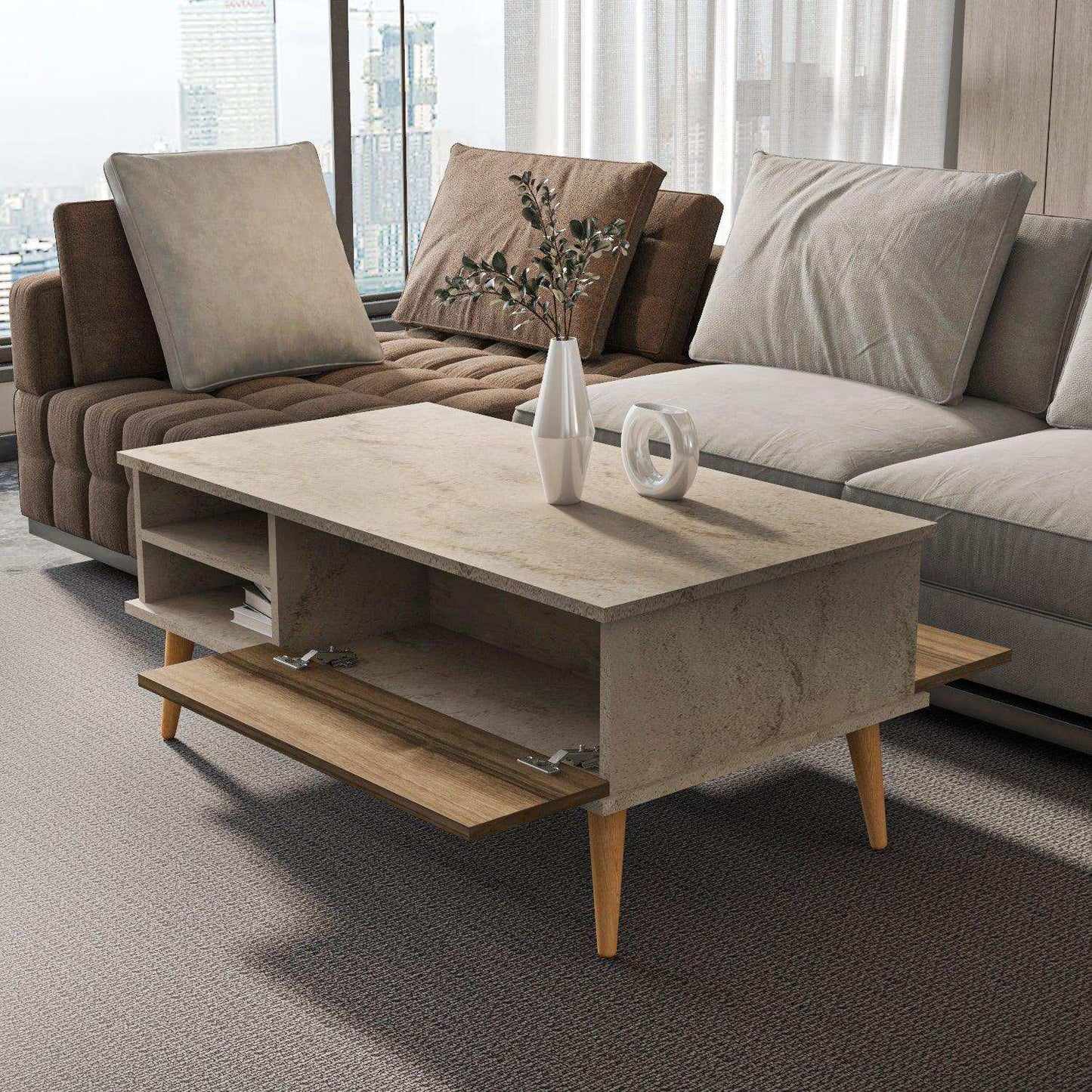 Como 47" Modern Coffee Table with Hidden Compartment and Open Shelves