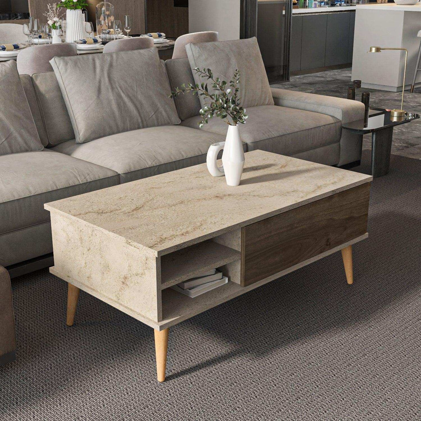 Como 47" Modern Coffee Table with Hidden Compartment and Open Shelves