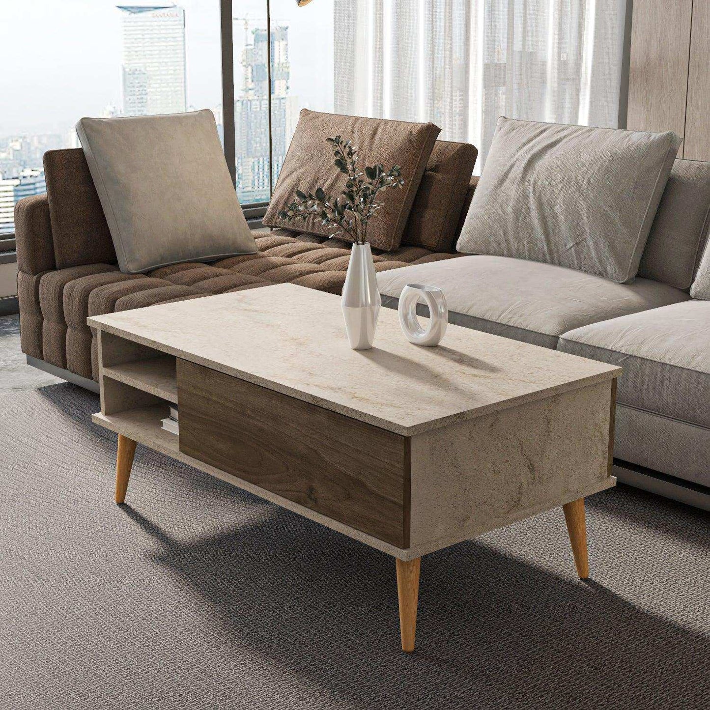 Como 47" Modern Coffee Table with Hidden Compartment and Open Shelves