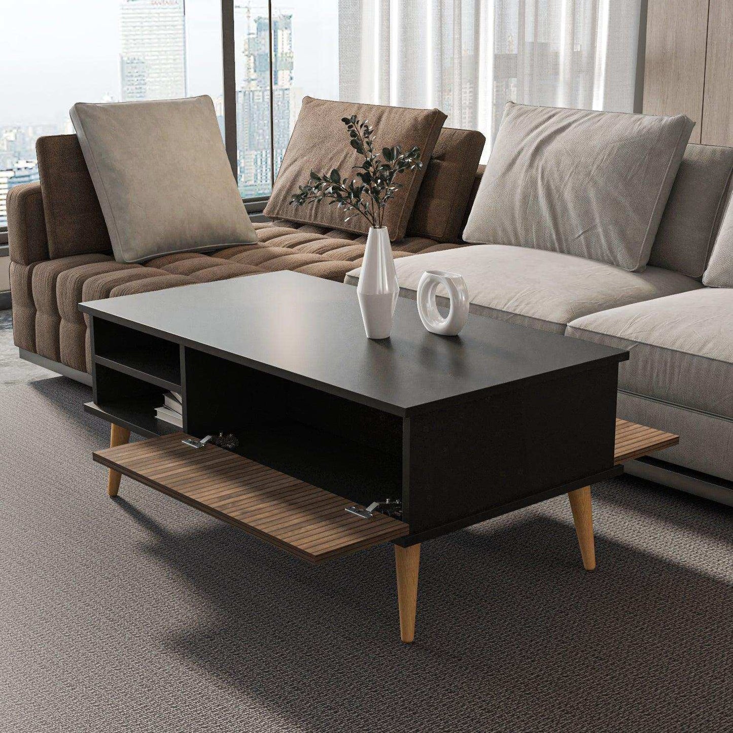 Como 47" Modern Coffee Table with Hidden Compartment and Open Shelves