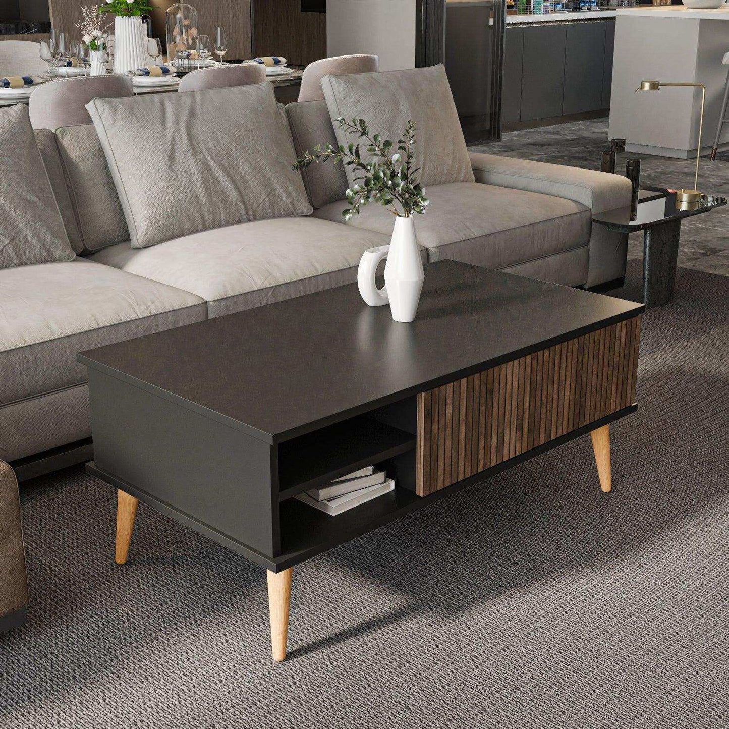 Como 47" Modern Coffee Table with Hidden Compartment and Open Shelves