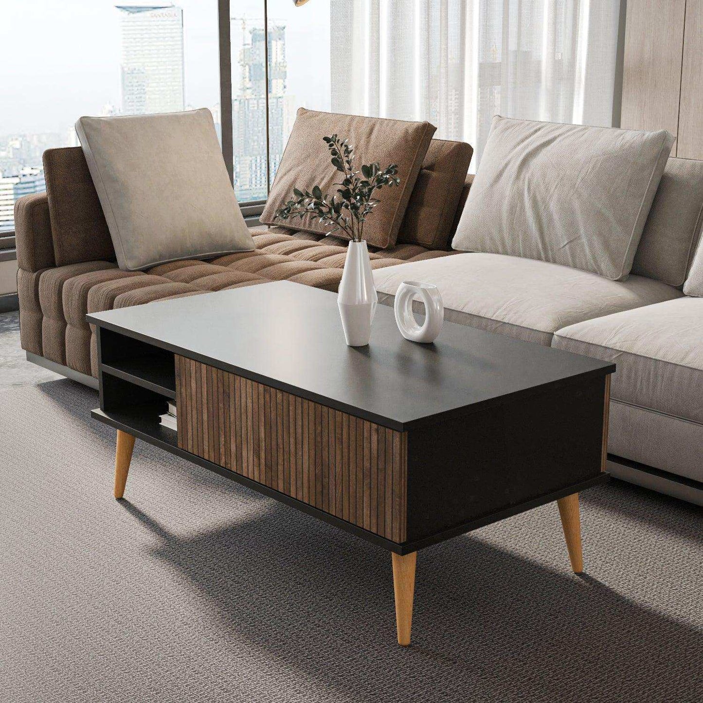 Como 47" Modern Coffee Table with Hidden Compartment and Open Shelves