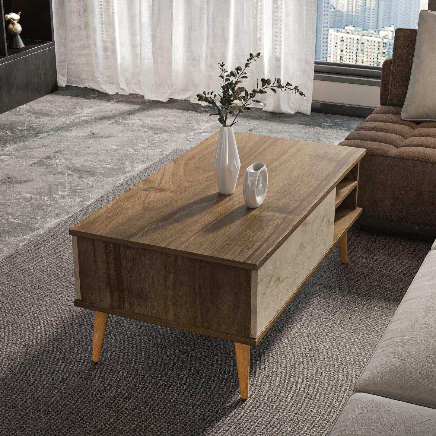 Como 47" Modern Coffee Table with Hidden Compartment and Open Shelves
