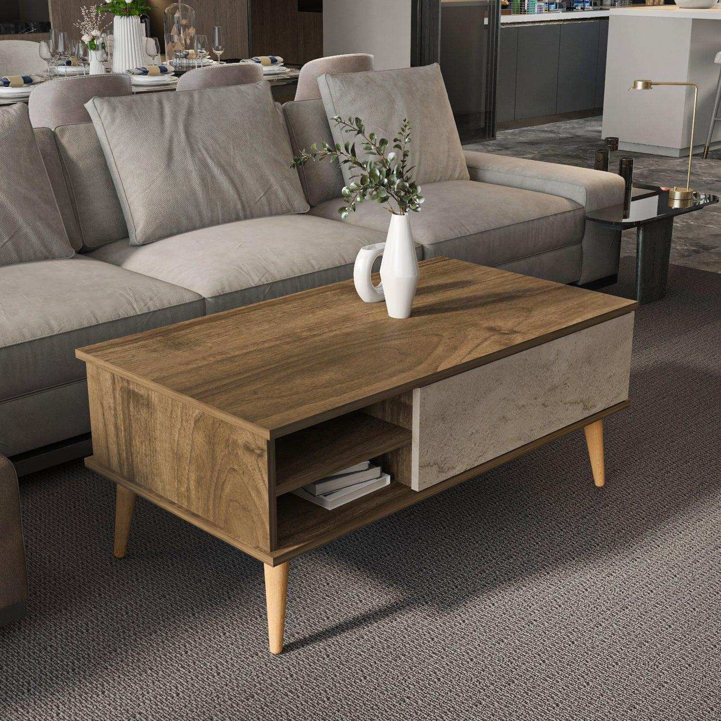 Como 47" Modern Coffee Table with Hidden Compartment and Open Shelves