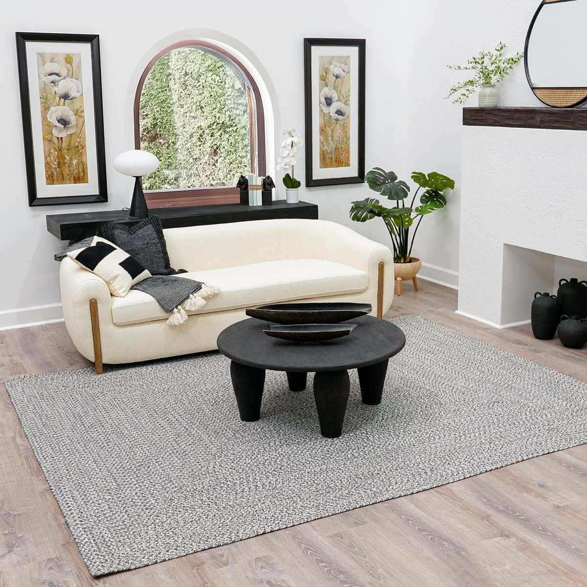 Cream Charcoal Braided Faux Jute Outdoor Rug