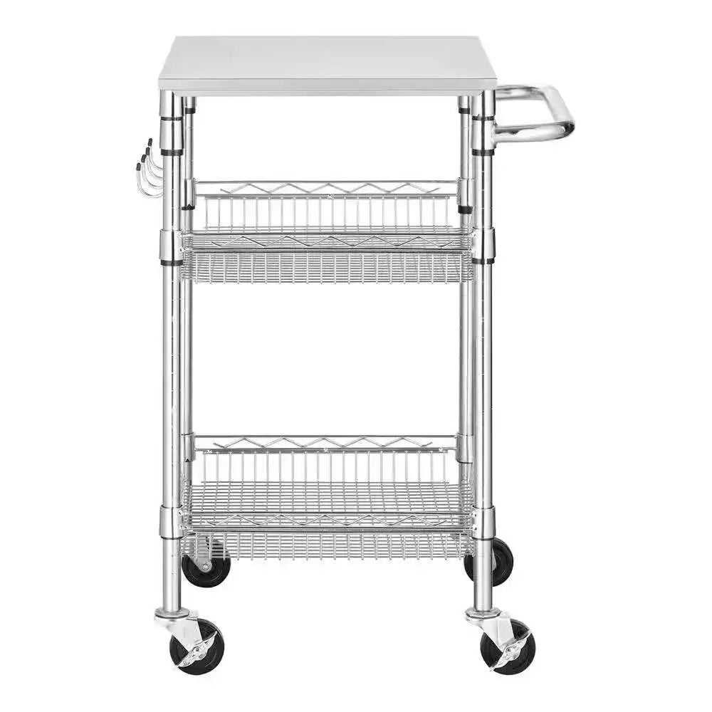 Compact Kitchen Cart with Stainless Steel Top and 2 Bottom Storage Shelves