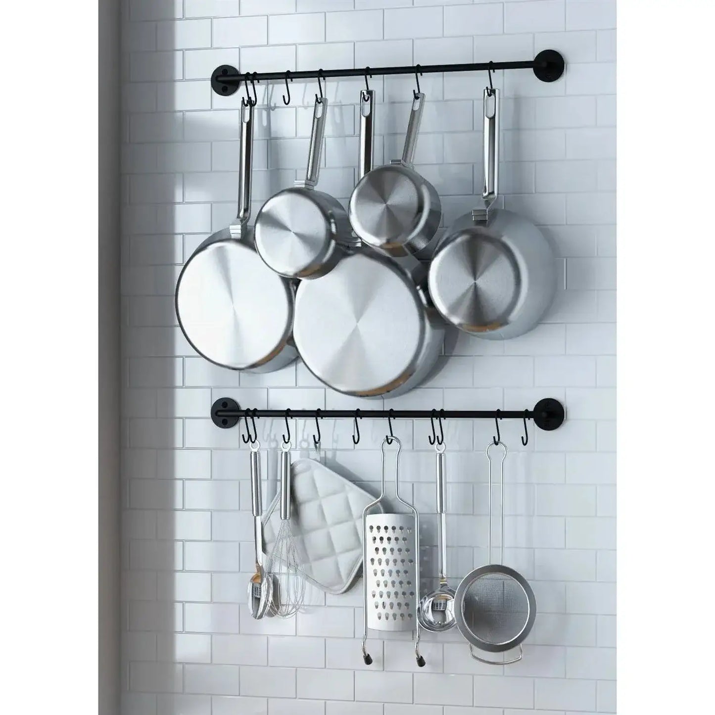 Set of 2 - Black Metal Wall Mounted Pot Rack with 20 Hanging Hooks