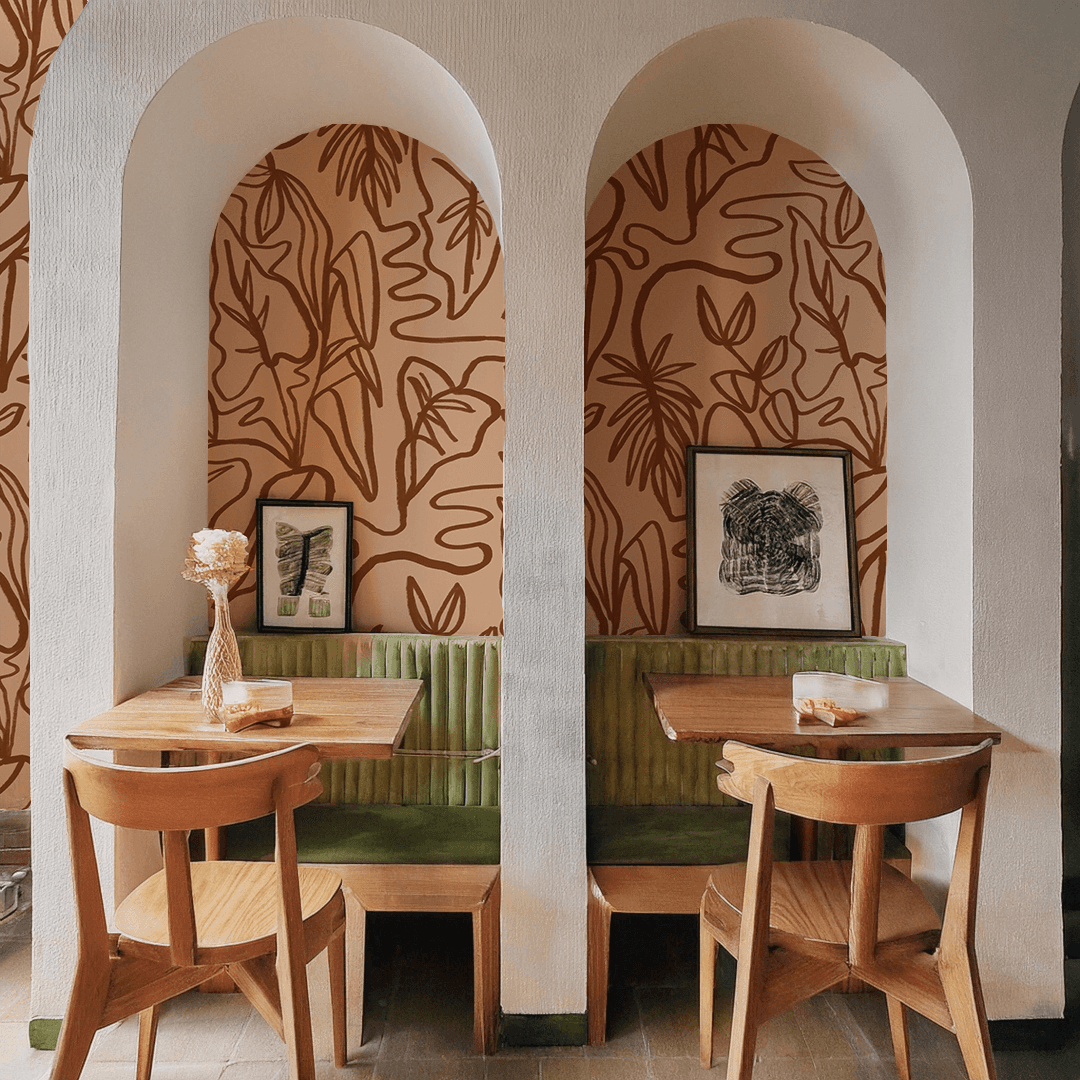 Inked Foliage Wallpaper, peach and rust