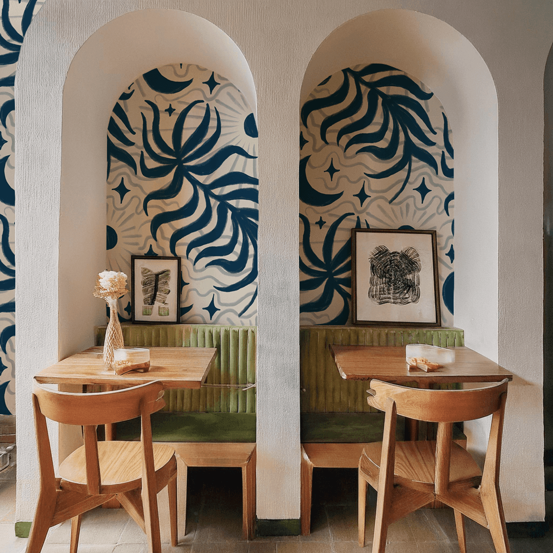 Lunar Leaf Wallpaper, beige and navy