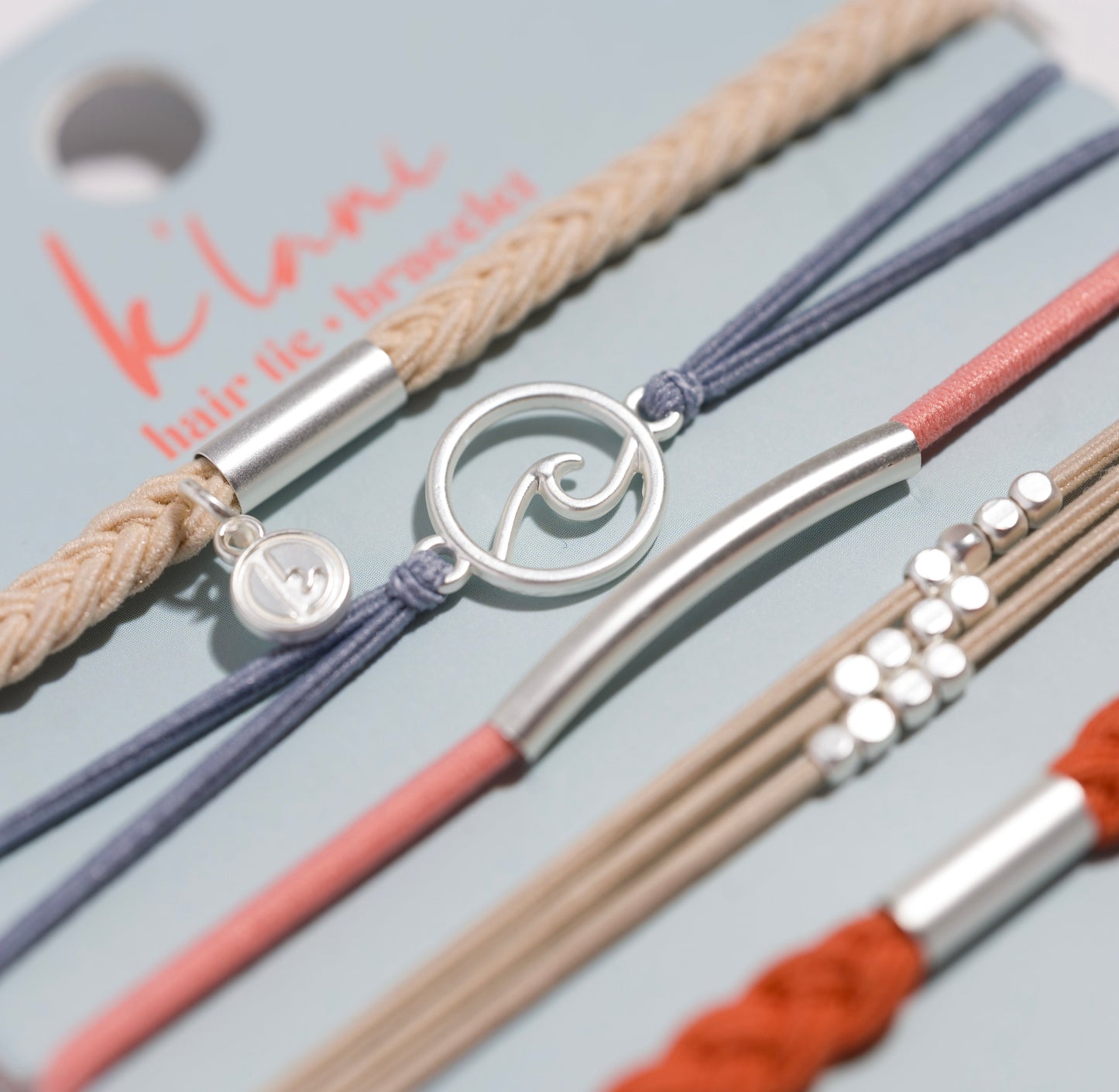 "Celebrate" Blues & Corals With Silver Wave Charm Hair Tie Bracelets