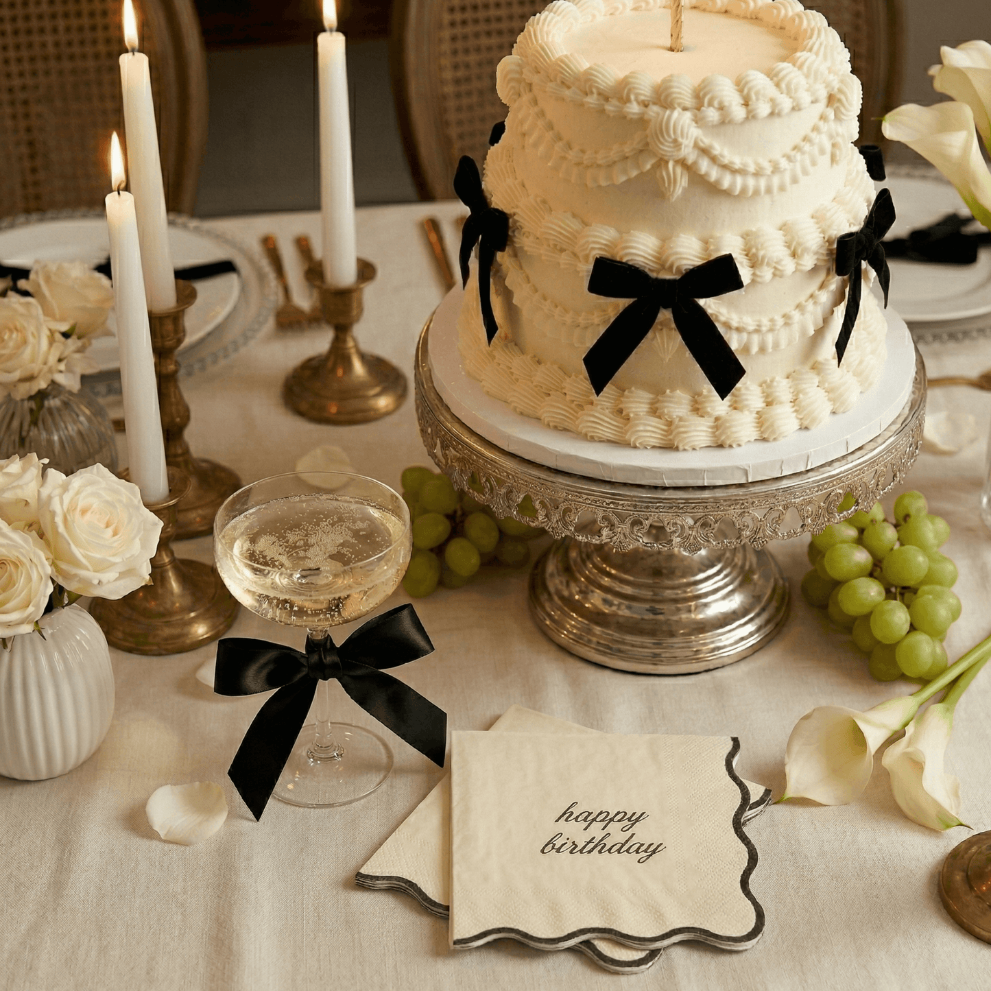 Happy Birthday Cocktail Napkins - Cream & Black