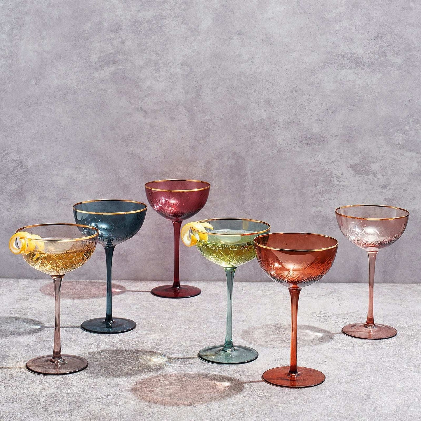 Tonal Gold Rim Champagne Coupe, Cocktail Glassware, Set of 6