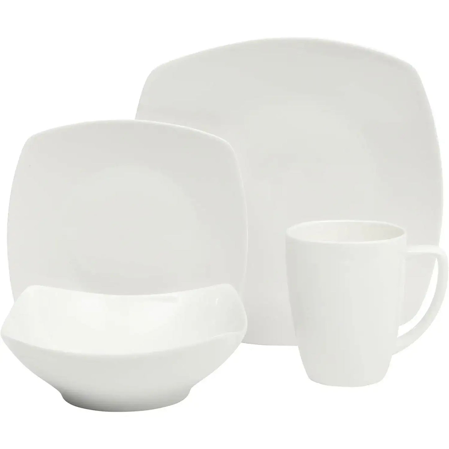 16 Pieces - White Square Porcelain Dinnerware Set - Service for 4