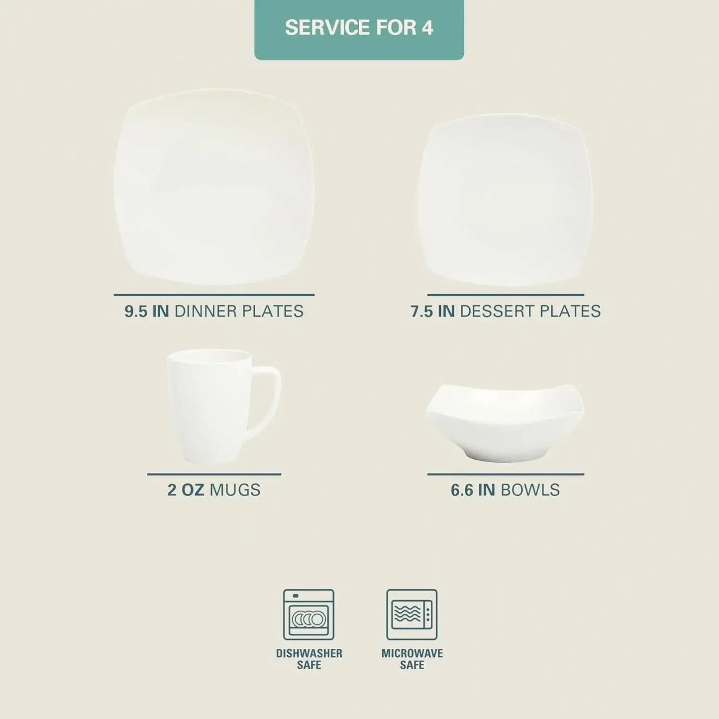 16 Pieces - White Square Porcelain Dinnerware Set - Service for 4