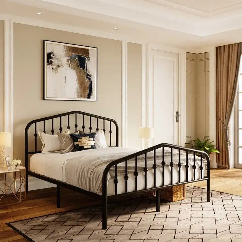 Queen Farmhouse Spindle Black Metal Platform Bed Frame with Headboard Footboard