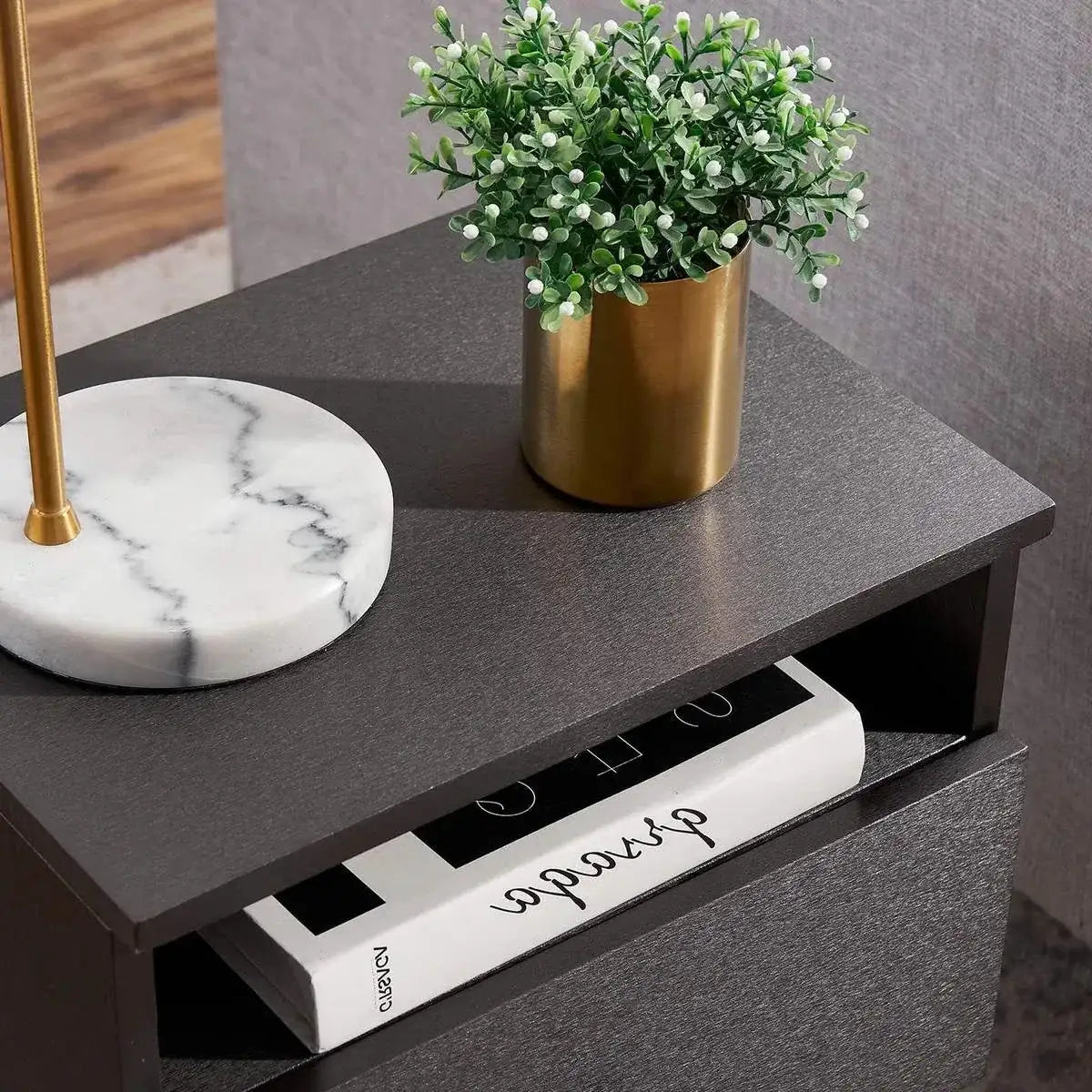 Mid Century Modern End Table Nightstand in Grey Black Wood Finish