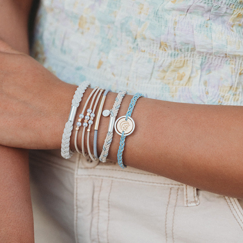 "Wonder" Soft Creams & Blues with Pearls & Gold Hair Tie Bracelets