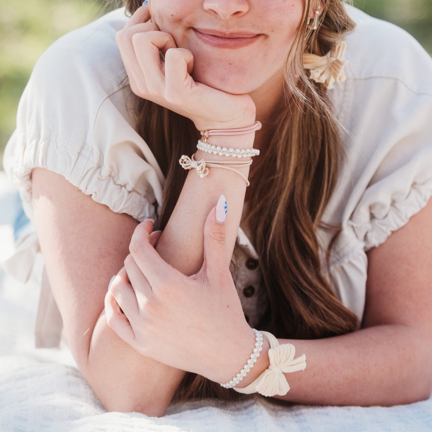 "Grace" Pinks, Pearls & Bows Hair Tie Bracelets