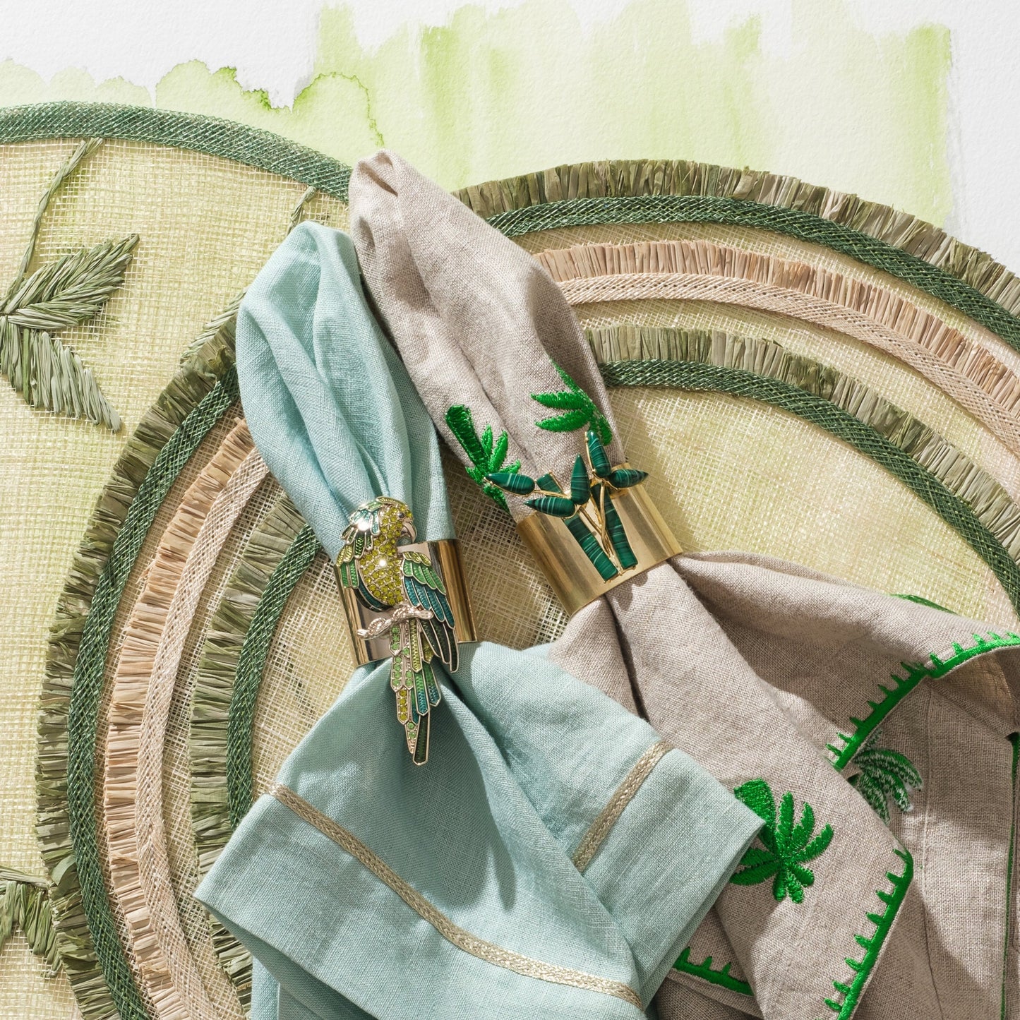 Palm tree embroidered dinner napkins, flax, set of two