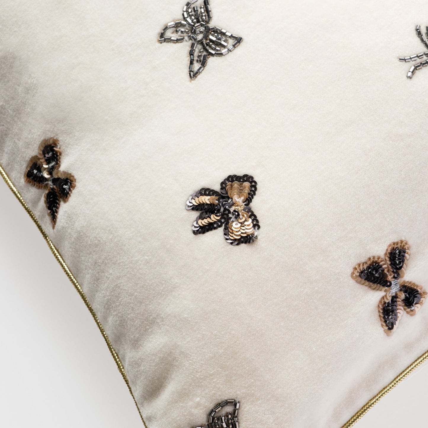 Embroidered bow pillow, cream cotton velvet