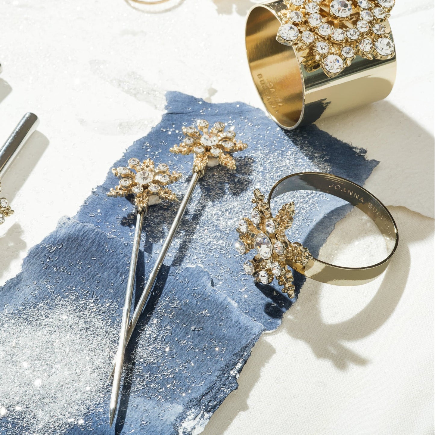Classic snowflake skinny napkin rings, crystal, set of four