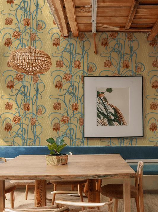 Campanas Wallpaper, butter yellow and slate blue
