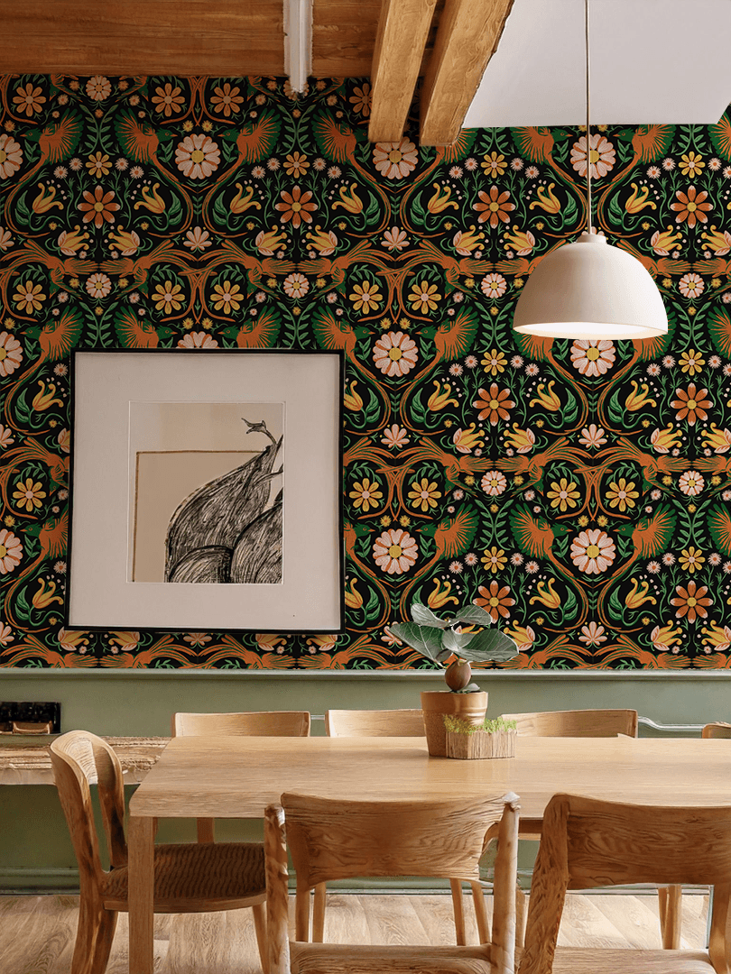 Folkie Birdie Wallpaper, black, orange and green