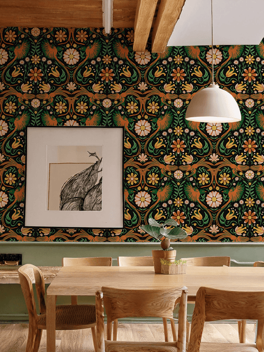 Folkie Birdie Wallpaper, black, orange and green
