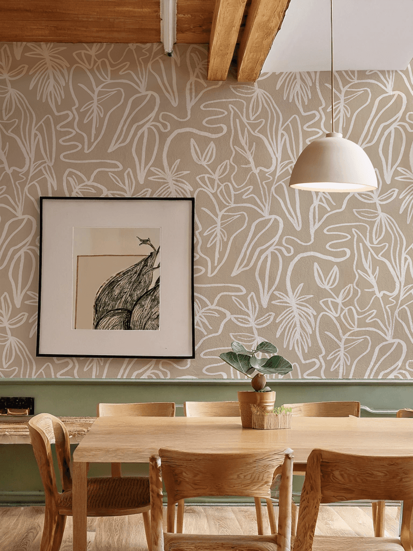 Inked Foliage Wallpaper, tan and white