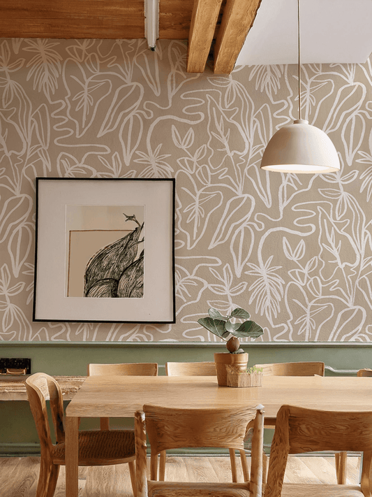 Inked Foliage Wallpaper, tan and white