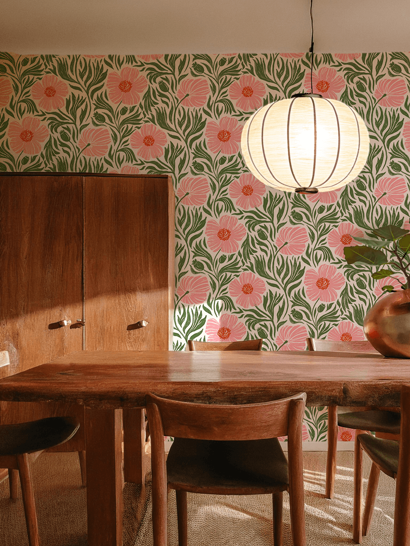 Matilija Wallpaper, white, pink and green