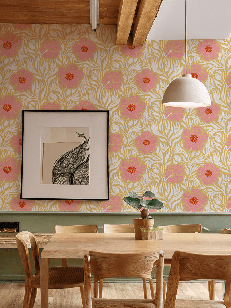 Matilija Wallpaper, butter yellow, pink and white