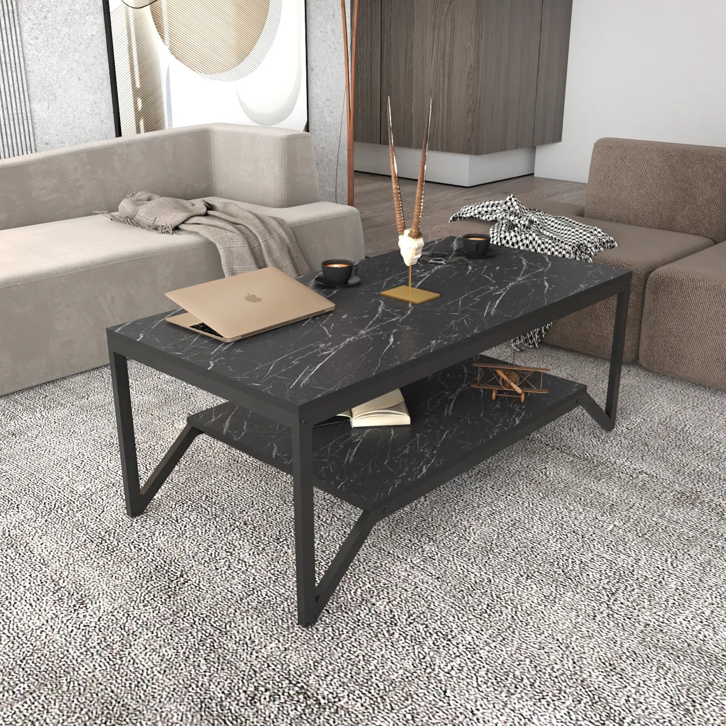 Flora 47" Wide Rectangular Modern Industrial Design Coffee Table | Cocktail Table