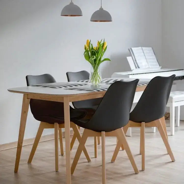 Set of 4 Modern Mid-Century Style Black PU Leather Dining Chairs with Wood Legs