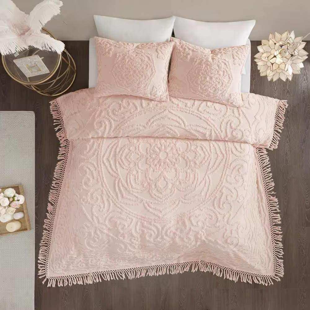 Full/Queen 100-Percent Cotton Chenille Bedspread with Fringe Hem in Pink Blush