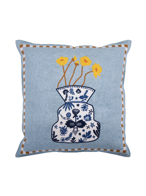 Hand Embroidered Still Life Pillow Cover 20" x 20"