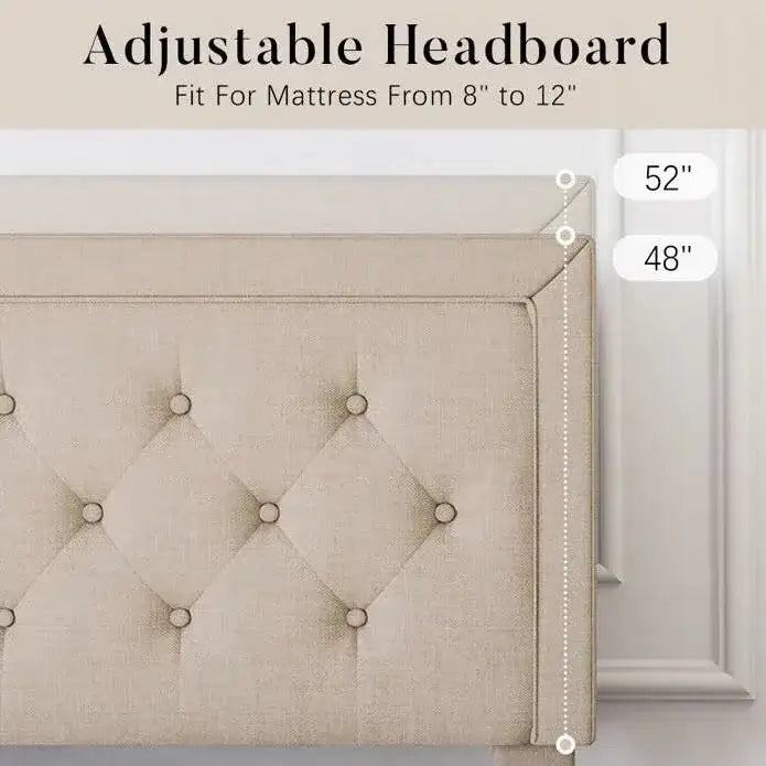 Full Size Adjustable Height Platform Bed Frame with Beige Upholstered Headboard
