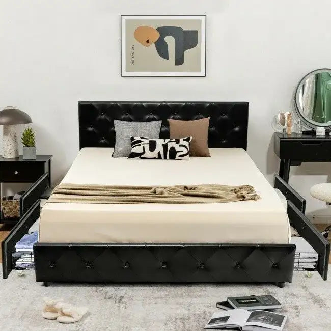 Full Size Black PU Leather Button Tufted Platform Bed with 4 Storage Drawers