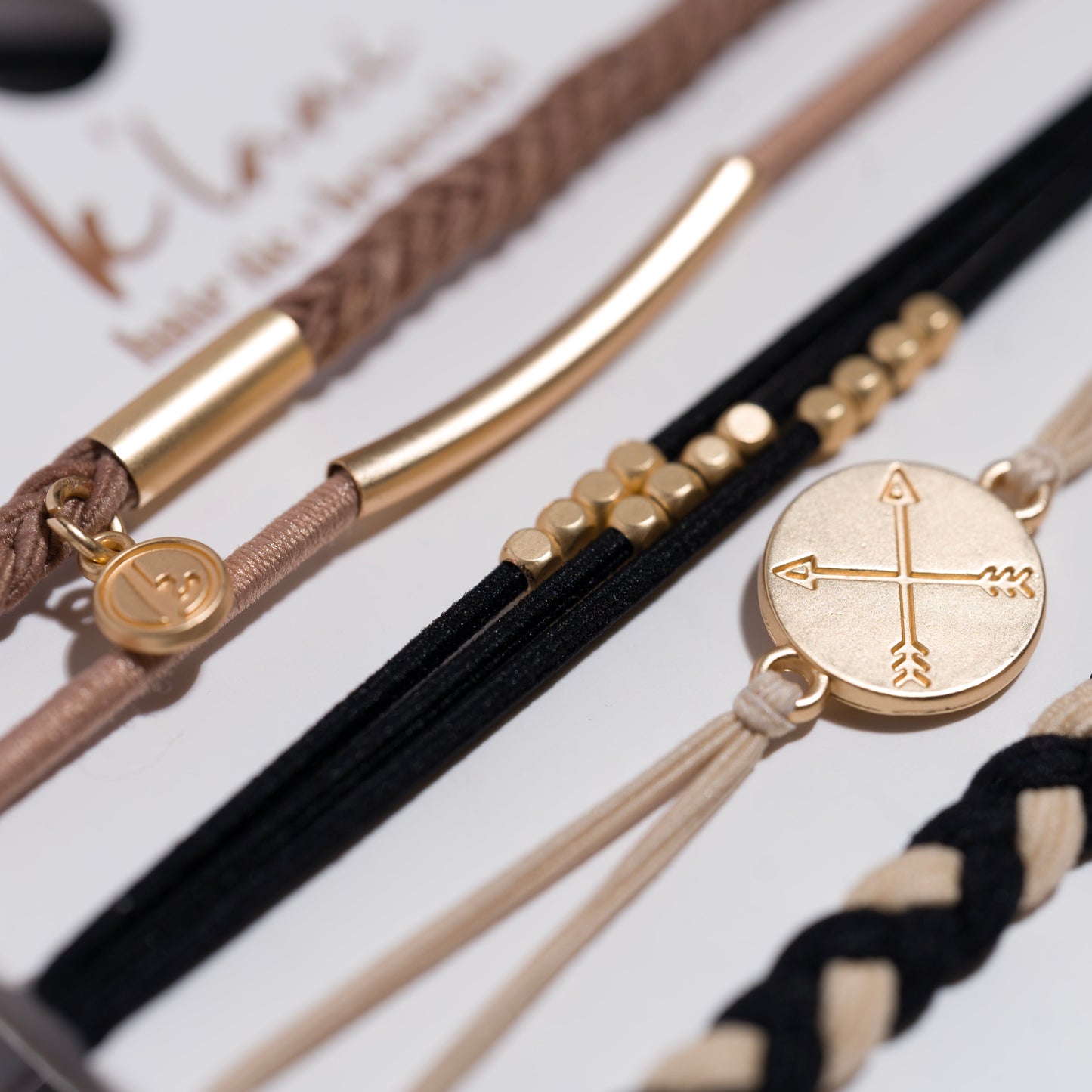 "Focus" Blacks and Golds with Arrow Charm Hair Tie Bracelets