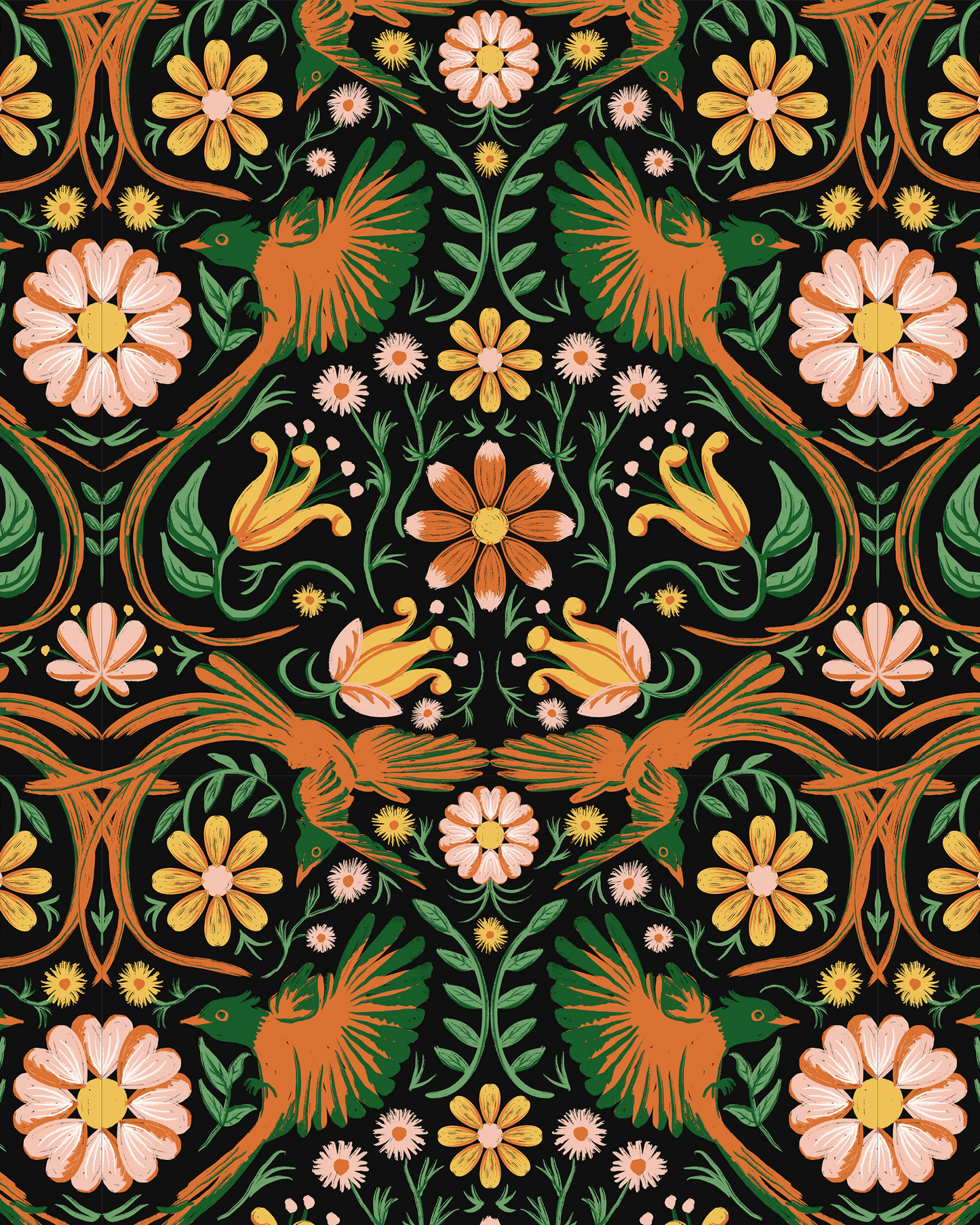 Folkie Birdie Wallpaper, black, orange and green