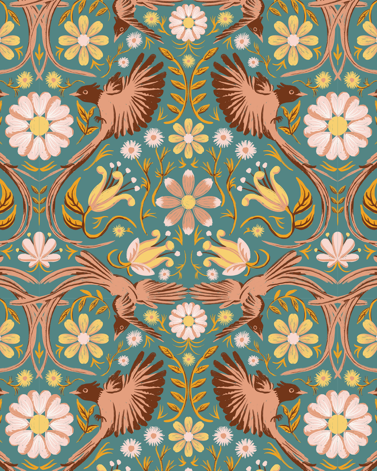 Folkie Birdie Wallpaper, dusty teal, peach and rust