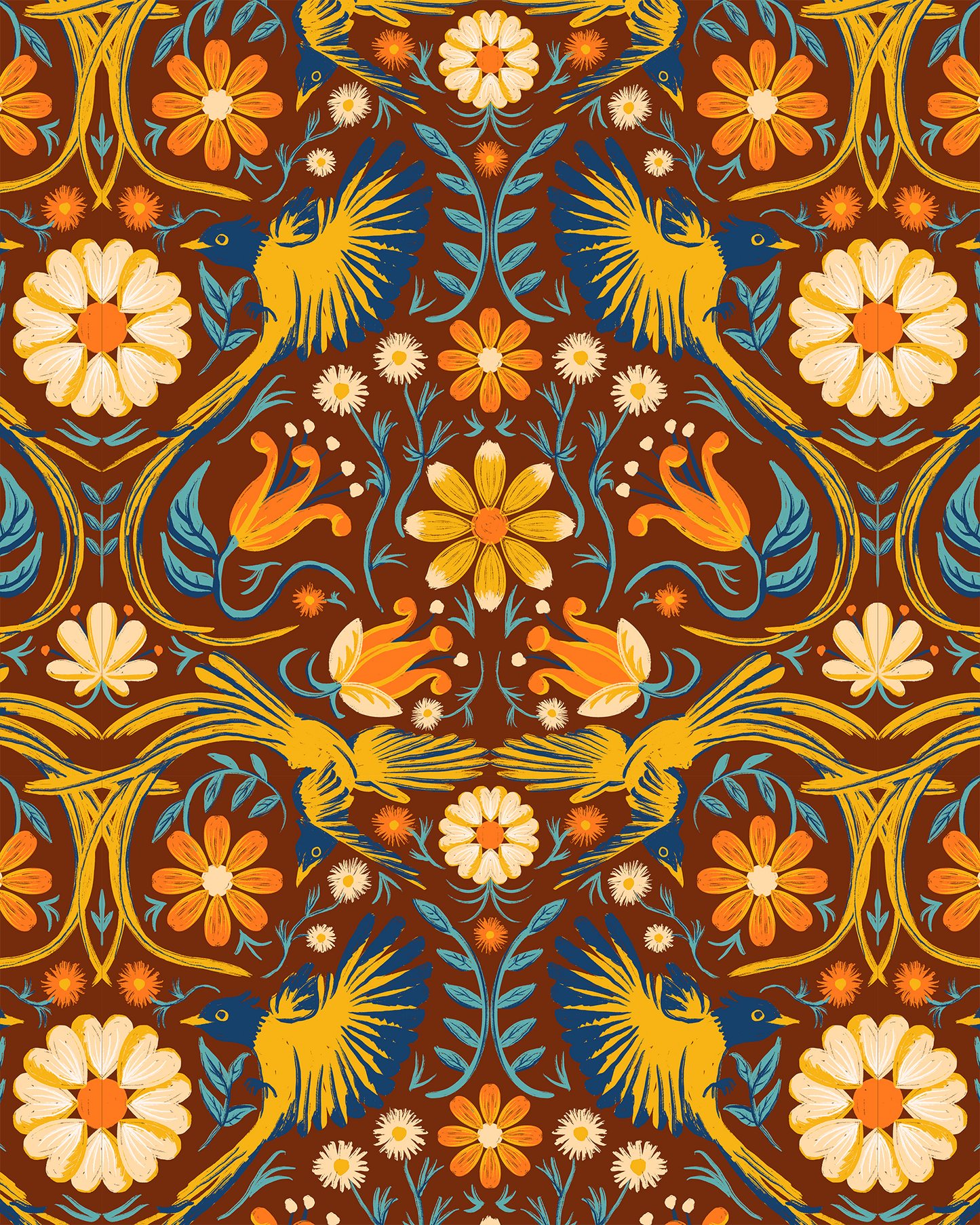 Folkie Birdie Wallpaper, rust, marigold and blue