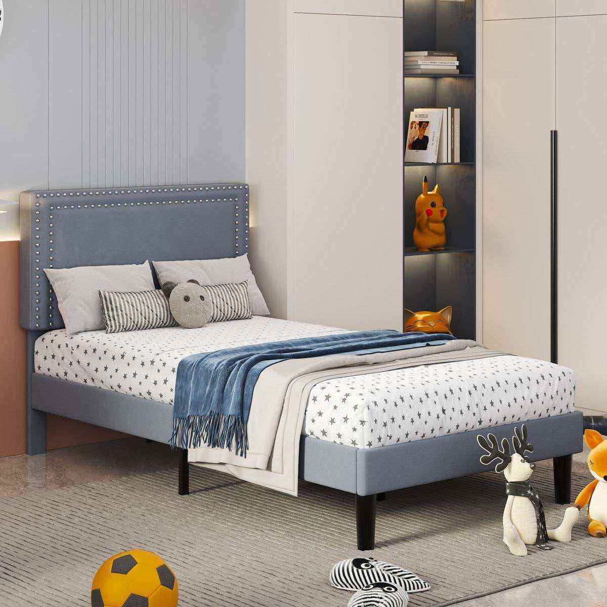 Set of 2 - Twin size Grey Upholstered Platform Bed Frame with Headboard