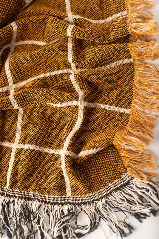 Golden Brown Grid Jacquard Woven Throw Blanket, Reversible Cotton Throw, Made in USA | Greer Acorn