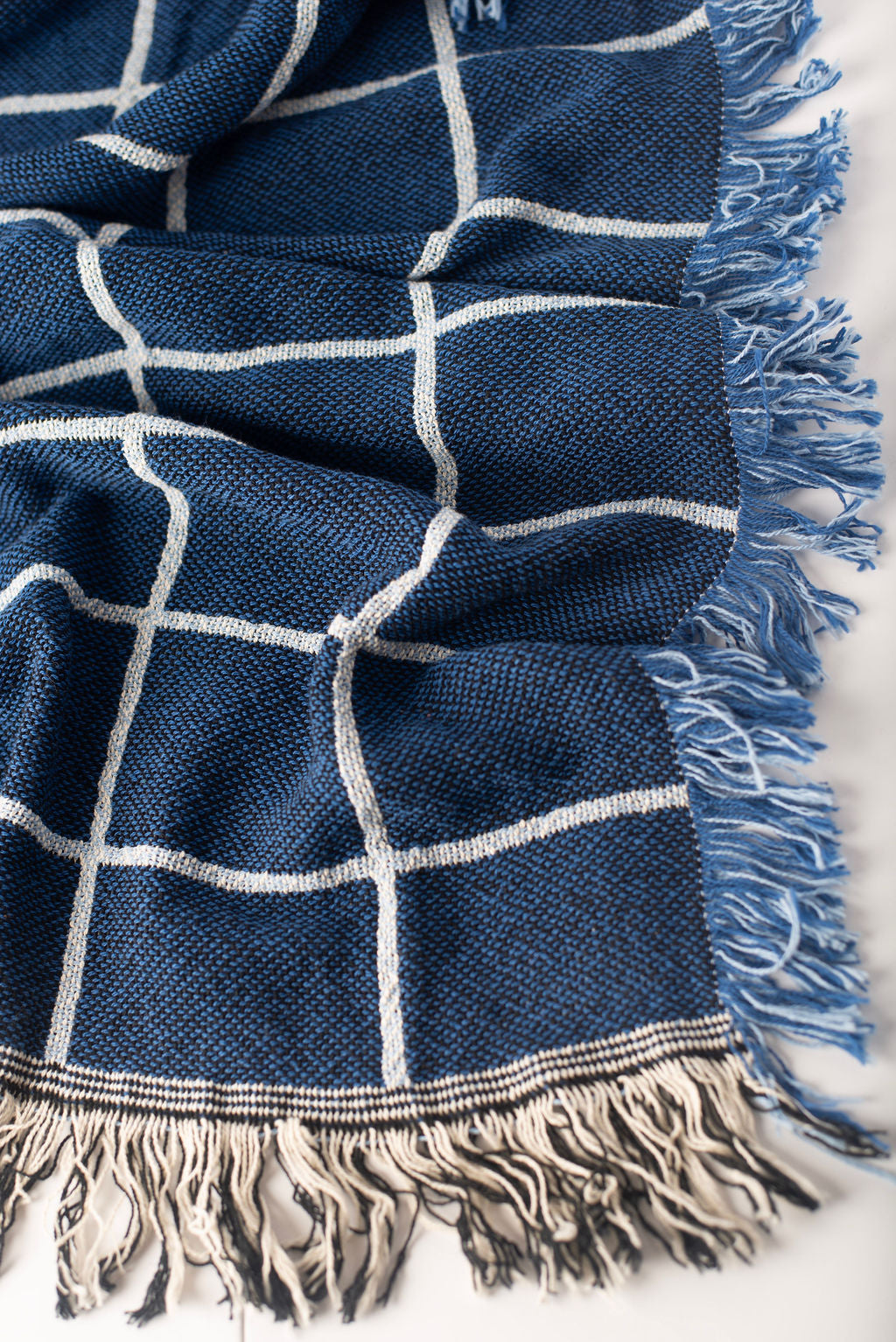 Blue Grid Jacquard Woven Throw Blanket, Reversible Cotton Throw, Made in USA | Greer Lapis