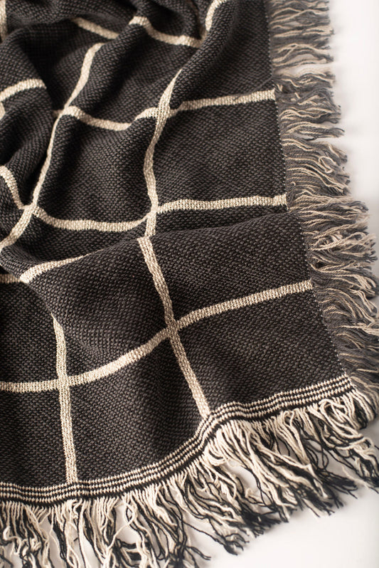 Charcoal Grid Jacquard Woven Throw Blanket, Reversible Cotton Throw, Made in USA | Greer Nocturne