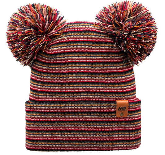 Double Pom Pom H Stitch Beanie, Multi Color Knit Winter Hat- Made in USA